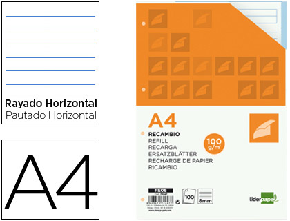 Recambio Liderpapel A4 100h 100g/m² raya horizontal 4 taladros banda 5 colores